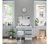 Vicco Tavolo da toeletta Sherry, Bianco, 90 cm | ✓ Specchio LED · ✓ Sgabello · 4 cassetti · Da terra · Look senza maniglie