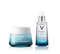 VICHY Set Minéral 89: Booster 50 ml + Crema Ricca 100h 50 ml. Trattamento viso idratante a lunga durata che rafforza la barriera cutanea con Acqua Vulcanica di Vichy e Acido Ialuronico.