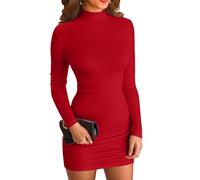 VICHYIE Abito sexy elegante da donna con collo mock, bodycon, miniabito a maniche lunghe, corto, aderente e figurbetont, Colore: rosso, M