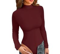 VICHYIE Body da donna a maniche lunghe, elegante colletto alto, stile basic aderente, ideale come canottiera, rosso bordeaux, M