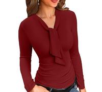VICHYIE Camicia da donna con collo tondo, cinghia per il mantello, a maniche lunghe, vestibilità aderente, tinta unita, basic, rosso bordeaux, L