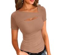 VICHYIE Camicie a Maniche Corte per Le Donne Top ritagliati a Coste Slim Aderenti Estivi One Piece Square Neck Pullover Tee Magliette Carine, Kaki, S