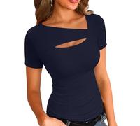 VICHYIE Camicie a Maniche Corte per Le Donne Top ritagliati a Coste Slim Aderenti Estivi One Piece Square Neck Pullover Tee Magliette Carine, Blu Scuro, M