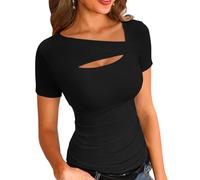 VICHYIE Camicie a Maniche Corte per Le Donne Top ritagliati a Coste Slim Aderenti Estivi One Piece Square Neck Pullover Tee Magliette Carine, Nero, XL