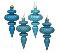 Vickerman 4"" 4-Finish Finial Ornament, Shatterproof Plastic Christmas Tree Decoration, 8 Pack, Turquoise Shiny, Matte, Glitter and Sequin Finishes