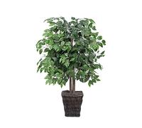 Vickerman - Cespuglio artificiale di ficus naturale con foglie verde scuro in cestino decorativo in rattan, Verde scuro., 4'