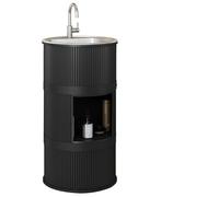 Vickyyy Moderno lavello a colonna in ferro battuto, mobili da bagno in acciaio inox, base separata, con rubinetto e scarico (con contenitore, nero)
