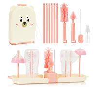 Vicloon 6 in 1 Set di spazzole per biberon, Kit da Viaggio per la Pulizia del Biberon con Spazzola in Silicone per Biberon/Tettarella/Cannuccia, Dispenser di Sapone e Stendibiancheria(Rosa)