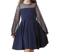 Vicloon Abito per Ragazze Maniche Lunghe Elegante in Tulle Festa, Abito da A Trapezio con Maniche Lunghe e Rete a Contrasto per Ragazze, Scollo Rotondo, Abiti Estivi per Bambine dai 9 ai 10 Anni