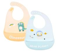 Vicloon Bavaglino in Silicone, 2 Bavaglini con Vaschetta di Raccolta, 6 Pulsanti Regolabili, Senza BPA, Bavaglini per Bambini, Facile da Pulire, Impermeabile per Neonati e Ragazze, Orso e Dinosauri