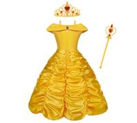 Vicloon Belle Cosplay Costume, Principessa Belle Carnevali Costume Vestito da Ragazza con Principessa Corona, Principessa Bacchetta, Festa di Compleanno Natale Holloween Cosplay Party, 140CM