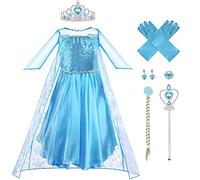 Vicloon Costume Elsa Principessa - Set 5 Pezzi con Vestito, Corona e Bacchetta per Festa di Compleanno, Cosplay, Halloween - Taglia 130