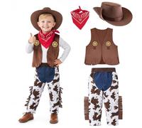 Vicloon Cowboy Costume Bambino, Vestito Costume Set da Cowboy 4 Pezzi, con Bandana Rossa, Cappello e Gilet, Wild Western Abiti Set, per Halloween, Natale, Carnevale, Dress Up Festa, 9 mesi- 6 anni