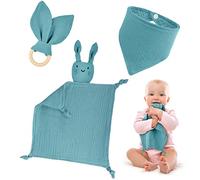 Vicloon Doudou, Set di 3 Coniglio Pupazzetto Fazzoletto con Bavaglino, Massaggiagengive in Legno di Faggio, Straccetto Doudou Coperta Coccole di Sicurezza Conforto Bambini, Blu