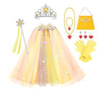 Vicloon Mantello da Principessa, 11 PCS Mantello con Paillettes Lucide Principessa Costume, Bacchetta, Collana, Anello e Orecchini, Principessa Vestita per Feste, Giochi di Ruolo, Halloween (Giallo)
