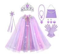 Vicloon Mantello da Principessa, 11 PCS Mantello con Paillettes Lucide Principessa Costume, Bacchetta, Collana, Anello e Orecchini, Principessa Vestita per Feste, Giochi di Ruolo, Halloween (Viola)