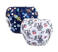 Vicloon Pannolino da Nuoto, 2 Pannolini Lavabili Pannolini da Nuoto, Costume Piscina Regolabile Riutilizzabile Costumi per Bambini, Impermeabile Pannolino Piscina, Cosmico Blu e Robot Bianco, 0-3 Anni