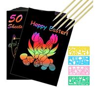 Vicloon Scratch Art, 50Pcs Scratch Art Paper per Bambini, Blocco da Disegno Arcobaleno Paper Set, Arcobaleno da Grattare Regali per Bambini con 5 Stilo in Legno e 4 Righelli Modello