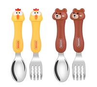 Vicloon Set di Posate per Bambini, 4 Pezzi Cucchiaio e Forchetta per Bambini Senza BPA, Posate Da Bambino in Acciaio Inossidabile con Animali dei Cartoni Animati (Orso e Pulcino)