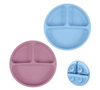VicloonPiatto per bambino, 2 Pezzi Piatto con Ventosa in Silicone, Pappa Svezzamento e Alimentazione per Neonati con 3 Aree (Rosa Scuro/Grigio Blu)