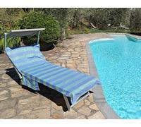 Vico Casa® Telo Mare Lettino VERSILIA 75x195cm in cotone, disegno righe/Telo lettino con cuscino, tasche e sacca portatelo/Blu e Verde