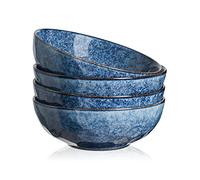 vicrays Set di 4 ciotole da dessert in ceramica, effetto vintage, colore: blu, grande capacità da 940 ml, 18 x 18 x 6,3 cm