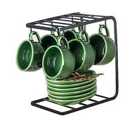 vicrays Set di 6 tazzine da caffè espresso in ceramica, con piattini, cucchiai e supporto in metallo, per tè, cappuccino, latte, 113,4 g, colore: verde