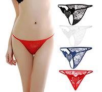 VicSec 4 Pack Mutandine Donne Sexy Pizzo Sottile, Erotico Perizoma Morbido G-String Attraente Lingerie Interna Schiena Decorare Cuore Taglia Unica (Nero+Bianco+Rosso+Blu)