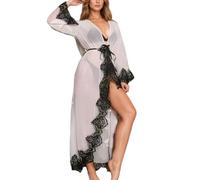 VicSec Kimono sexy da donna, in pizzo lungo, vestaglia bikini, copertura in tulle trasparente, biancheria da notte, babydoll Curvy, biancheria da letto, abito da spiaggia, bianco, Taglia unica