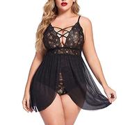 VicSec Plus Size Pizzo Babydoll Mesh Chemise Nightwear Sexy Lingerie Set Pizzo Trim Negligee L-5XL (Nero, 4XL-5XL)