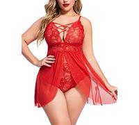 VicSec Plus Size Pizzo Babydoll Mesh Chemise Nightwear Sexy Lingerie Set Pizzo Trim Negligee L-5XL (Rosso, L-XL)