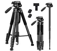 Victiv Treppiede per fotocamera da 72" in alluminio T72, altezza massima 182 cm, leggero e compatto, per viaggi, con testa girevole a 3 vie e 2 piastre a sgancio rapido per riprese video DSLR, nero