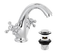 Victoria 662WCR - Rubinetto per lavabo con tappo per lavabo a doppia leva a croce, in ottone cromato, a collo di cigno