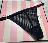 Victoria's Secret L Perizoma Mutandine Ziggy Glam Nero Navy Crotchless Strass