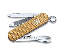 VICTORINOX Multiuso Classic Precious Alox, 5 Funzioni, Multi-strumento con Forbici, Cacciavite, Anello Portachiavi, in Scatola Regalo, Brass Gold