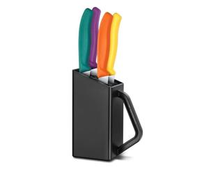 Victorinox Swiss Classic Ceppo Coltelli da Bistecca e Pizza, 4 Pezzi | Set con lame in acciaio inox da 12 cm a filo ondulato, manici ergonomici e blocco compatto, colore nero, Swiss Made