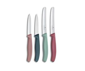 Victorinox Swiss Classic Set di Coltelli per Frutta e Verdura, 4 pezzi, Lama Affilata, Dritta e Seghettata, Fabbricato in Svizzera, Sfumature di verde, rosa
