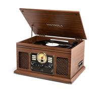 Victrola The Quincy 6-in-1 - Giradischi Bluetooth e centro multimediale con altoparlanti integrati, giradischi a 3 velocità, lettore CD e cassette, radio AM/FM, streaming musicale wireless (noce)