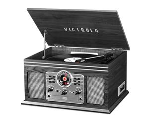 Victrola The Quincy - Giradischi Bluetooth 6-in-1 con Altoparlanti Integrati, Lettore CD e Cassette, Radio AM/FM, Streaming Musicale Wireless e 3 Velocità (Grigio)
