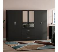 Vida Designs Armadio a specchio a 6 ante e 3 cassetti, nero, mobili per camera da letto, 175 x 230 x 54 cm, con ripiano portaoggetti e asta appendiabiti, grande capacità