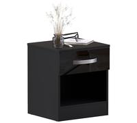Vida Designs Hulio Comodino Lucido Nero, 1 Cassetto con Maniglie e Guide in Metallo, Supporto Unico Anti-Deformazione per Cassetti, Arredo per Camera da Letto