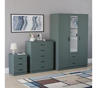 Vida Designs Riano - Set di 3 pezzi per camera da letto (1 comodino drwr, cassettiera 5 drwr e 3 ante e 2 armadi a specchio Drwr), verde (5) (verde, con comodino a 3 cassetti)