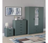 Vida Designs Riano - Set di 3 pezzi per camera da letto (1 comodino drwr, cassettiera da 5 drwr, armadio a 3 ante e 2 armadi a specchio drwr), verde (5) (verde, con comodino a 2 cassetti)