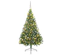 vidaXL Albero di Natale artificiale pre-illuminato verde 210 cm con 120 palline oro rosa e luci a stringa LED. Ha un design moderno a forma di cono, perfetto per interni e per esterni coperti