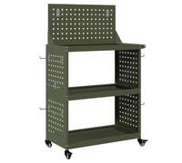 vidaXL Carrello per attrezzi con ripiano in pegboard, fatto in acciaio verniciato a polvere verde oliva. Misura 65 x 35 x 111 cm. Ha ripiani opachi, ruote bloccabili, ganci per appendere ed è regola