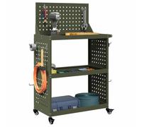 vidaXL Carrello per attrezzi con ripiano in pegboard, fatto in acciaio verniciato a polvere verde oliva. Misura 65 x 35 x 111 cm. Ha ripiani opachi, ruote bloccabili, ganci per appendere ed è regola