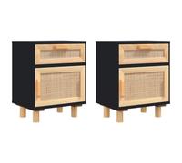 vidaXL Comodini 2 pz Neri in Legno Massello di Pino e Rattan Naturale