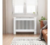 vidaXL Copriradiatore bianco lucido, 112 x 19 x 81,5 cm, copertura rettangolare moderna, protezione elegante, legno progettato, sicurezza per bambini per il riscaldamento