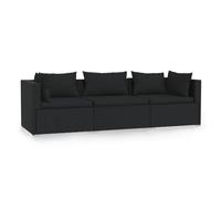 vidaXL Divano a 3 Posti con Cuscini in Polyrattan Nero