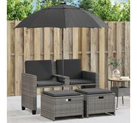 vidaXL Divano Giardino 2Posti Ombrellone e Sgabelli Grigio Polyrattan